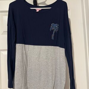 Lilly Pulitzer Navy and Gray Long Sleeve Tee with Palm Accent